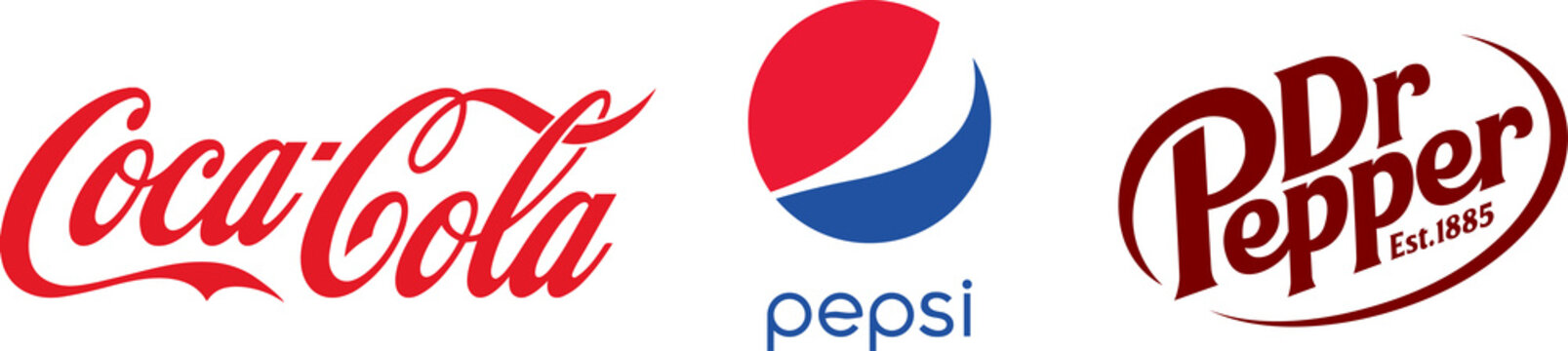 Top drink company brand logo set. Coca cola, Pepsi and Dr Pepper logos. Editorial PNG image	
