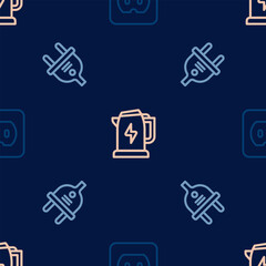 Set line Electrical outlet, plug and kettle on seamless pattern. Vector