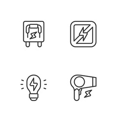 Set line Hair dryer, Creative lamp light idea, Electrical panel and No lightning icon. Vector