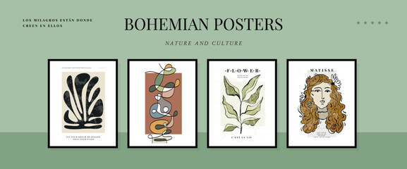 Fototapeta na wymiar Large grid of Modern A4 posters in a modern boho style, hand-drawn. Suitable for poster, banner, print, branding