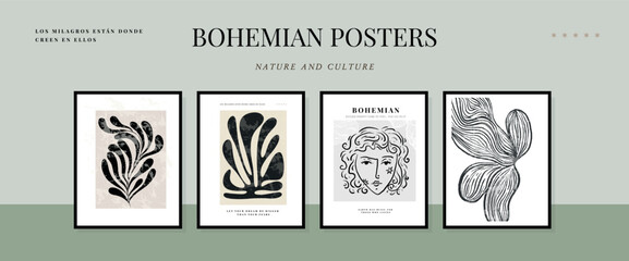 Large grid of Modern A4 posters in a modern boho style, hand-drawn. Suitable for poster, banner, print, branding