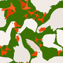 Vector seamless pattern with geese on green background. Cute farm firds. Farming concept.