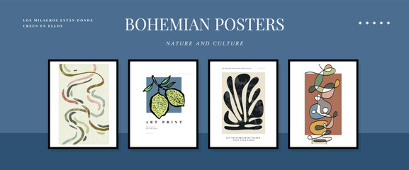 Large grid of Modern A4 posters in a modern boho style, hand-drawn. Suitable for poster, banner, print, branding