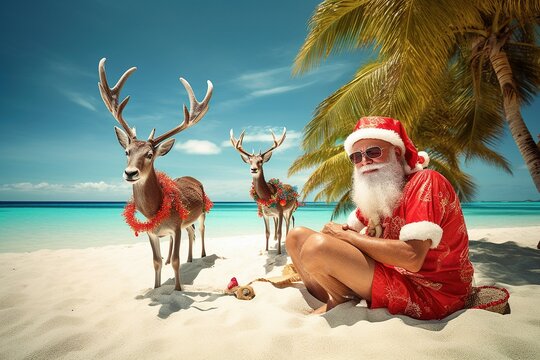 Santa Claus and Reindeer Relaxing on Tropical Beach with Palm Tree Aesthetic