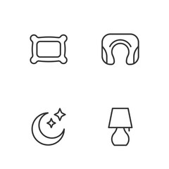 Set line Table lamp, Moon and stars, Pillow and Travel neck pillow icon. Vector