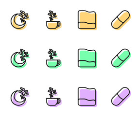 Set line Pillow, Moon and stars, Chamomile tea and Sleeping pill icon. Vector