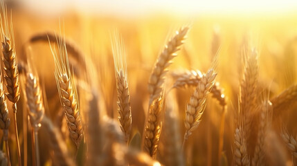 Ripe ears of golden wheat. Summer field at sunset. Based on Generative AI