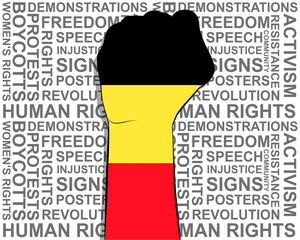 Raised fist on Belgium flag, political news banner, victory or win concept, freedom symbol