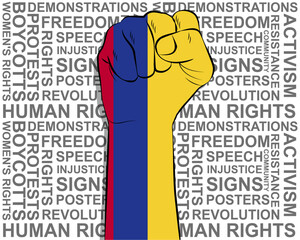 Raised fist on Colombia flag, political news banner, victory or win concept, freedom symbol