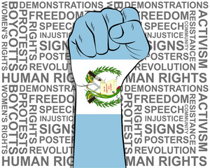 Raised fist on Guatemala flag, political news banner, victory or win concept, freedom symbol