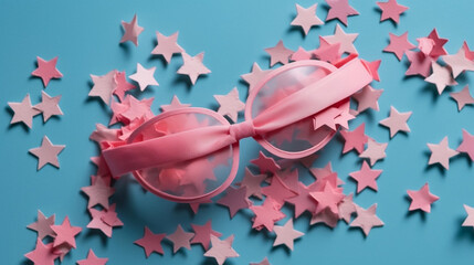Fototapeta premium Pink sleeping mask and paper stars on blue background, concept of rest, quality of sleep, good night, insomnia, relaxation. Generative ai.