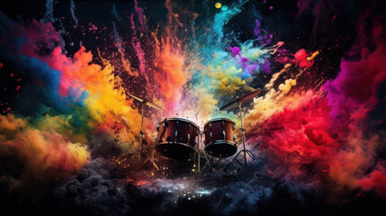 Drums with rainbow paint energetic explosion, Generative AI.