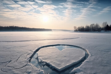Obraz premium Heart shape love sign drawn on a snow-covered ice on a winter lake with copy space. 
