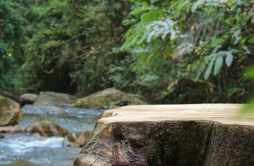 Wood table top podium floor in outdoor waterfall green tropical forest nature background.Natural...