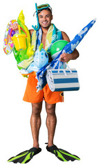 Funny man tourist full of beach accessories