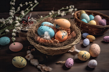 Compositions of Easter dotted pastel colors eggs in a wicker basket on wooden table. Selective focus