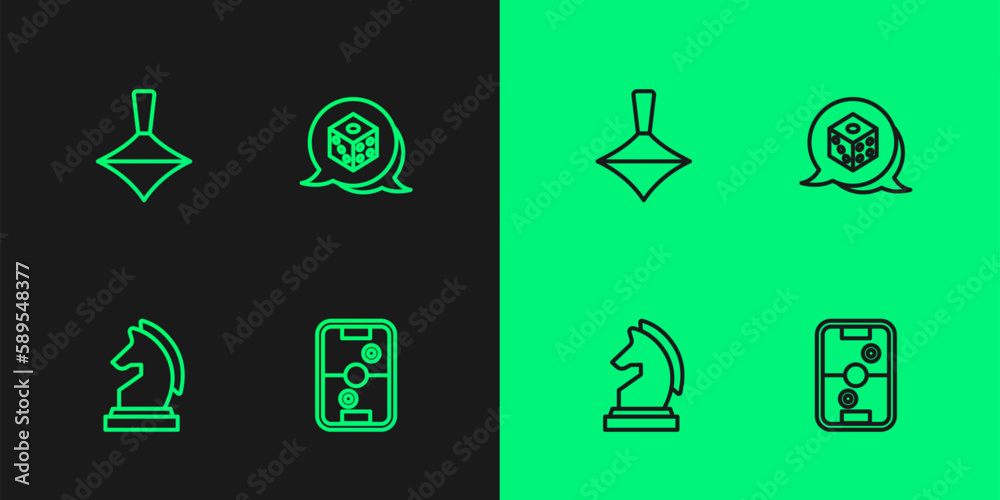 Poster Set line Air hockey table, Chess, Whirligig toy and Game dice icon. Vector