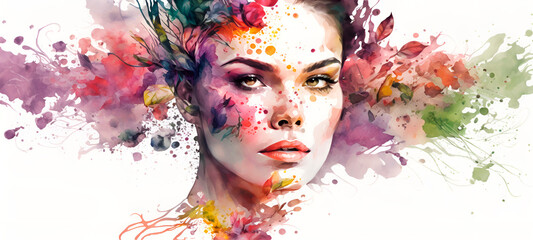 Watercolor female face decorated with fruit. Brush stroke painting illustration. International woman feminism power poster background