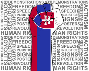 Raised fist on Slovakia flag, political news banner, victory or win concept, freedom symbol