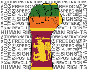 Raised fist on Sri Lanka flag, political news banner, victory or win concept, freedom symbol