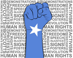 Raised fist on Somalia flag, political news banner, victory or win concept, freedom symbol