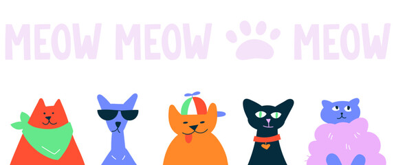 Different funny domestic cats sit and look straight ahead. Horizontal banner template with hand lettering meow and paw. Hand drawn cartoon flat vector illustration.