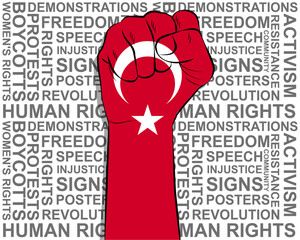 Raised fist on Turkey flag, political news banner, victory or win concept, freedom symbol