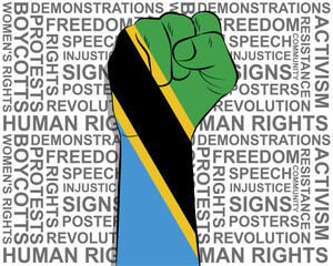 Raised fist on Tanzania flag, political news banner, victory or win concept, freedom symbol