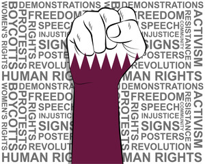 Raised fist on Qatar flag, political news banner, victory or win concept, freedom symbol