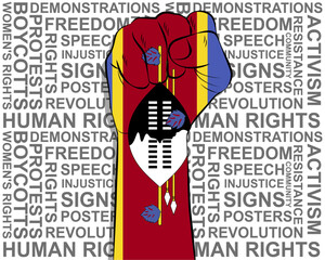 Raised fist on Swaziland flag, political news banner, victory or win concept, freedom symbol