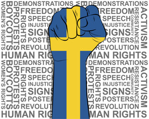 Raised fist on Sweden flag, political news banner, victory or win concept, freedom symbol