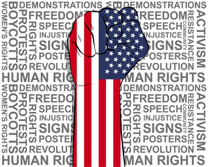 Fototapeta premium Raised fist on USA flag, political news banner, victory or win concept, freedom symbol