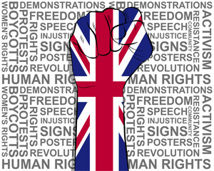 Raised fist on United Kingdom flag, political news banner, victory or win concept, freedom symbol