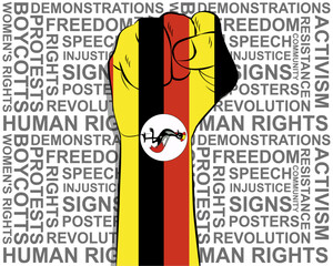 Raised fist on Uganda flag, political news banner, victory or win concept, freedom symbol