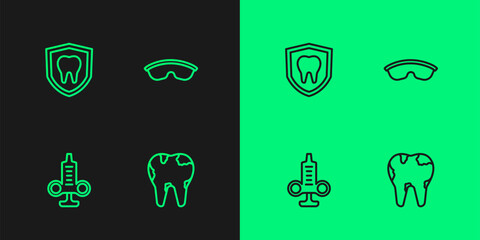 Set line Broken tooth, Syringe, Dental protection and Safety goggle glasses icon. Vector