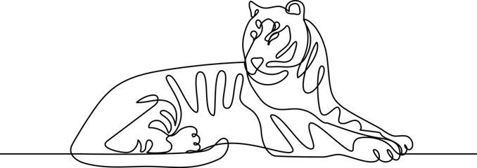 Continuous one line drawing of lying tiger