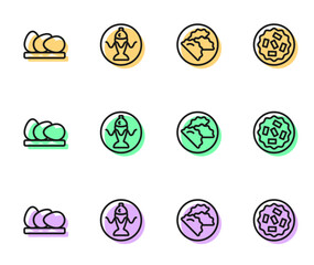 Set line Dumpling, Chicken egg, Served fish on a plate and Homemade pie icon. Vector
