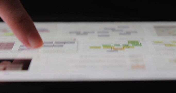 Close up Hand Touching Tablet Computer and scrolling business chart