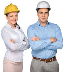 Two engineer workers  in helmet on background