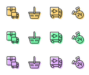 Set line Delivery cargo truck, Shopping basket and Telephone 24 hours support icon. Vector