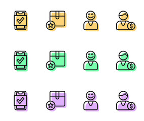 Set line Happy customer, Mobile shopping, Carton cardboard box and Buyer icon. Vector