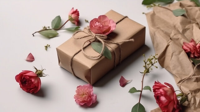 Gift box wrapped in kraft paper and pink flowers on white background. Flat lay styling. Generative ai.