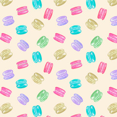 Macaroon pattern, colorful, food pattern, beige , fabric pattern, macaroons , colorful macaroons, textile design, watercolor illustration, desserts , sweet food