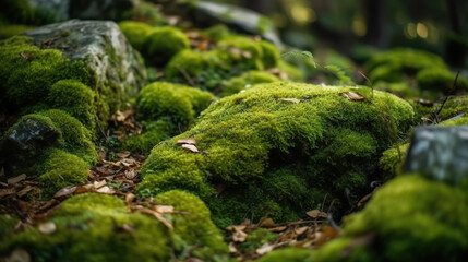 Green moss and rough stones in the dense forest. Based on Generative AI