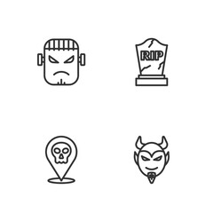 Set line Devil head, Skull, Frankenstein face and Tombstone with RIP written icon. Vector