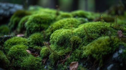 Green moss and rough stones in the dense forest. Based on Generative AI