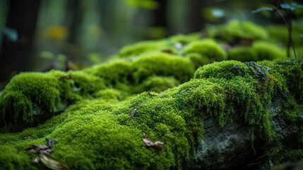 Green moss and rough stones in the dense forest. Based on Generative AI