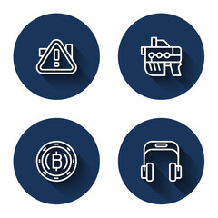 Set line Exclamation mark in triangle, Futuristic weapon, Cryptocurrency coin Bitcoin and Headphones with long shadow. Blue circle button. Vector