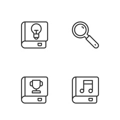 Set line Audio book, Book, User manual and Magnifying glass icon. Vector