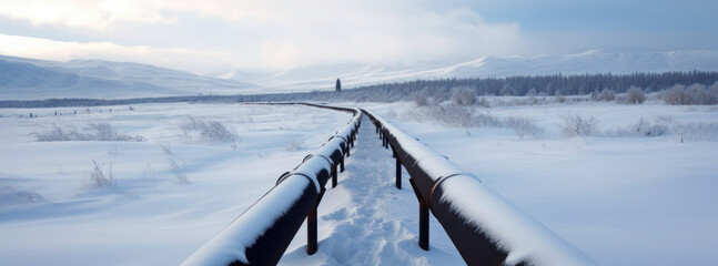 Oil pipelines through an snowy terrain, such as Alaska and siberia. Generative AI. 